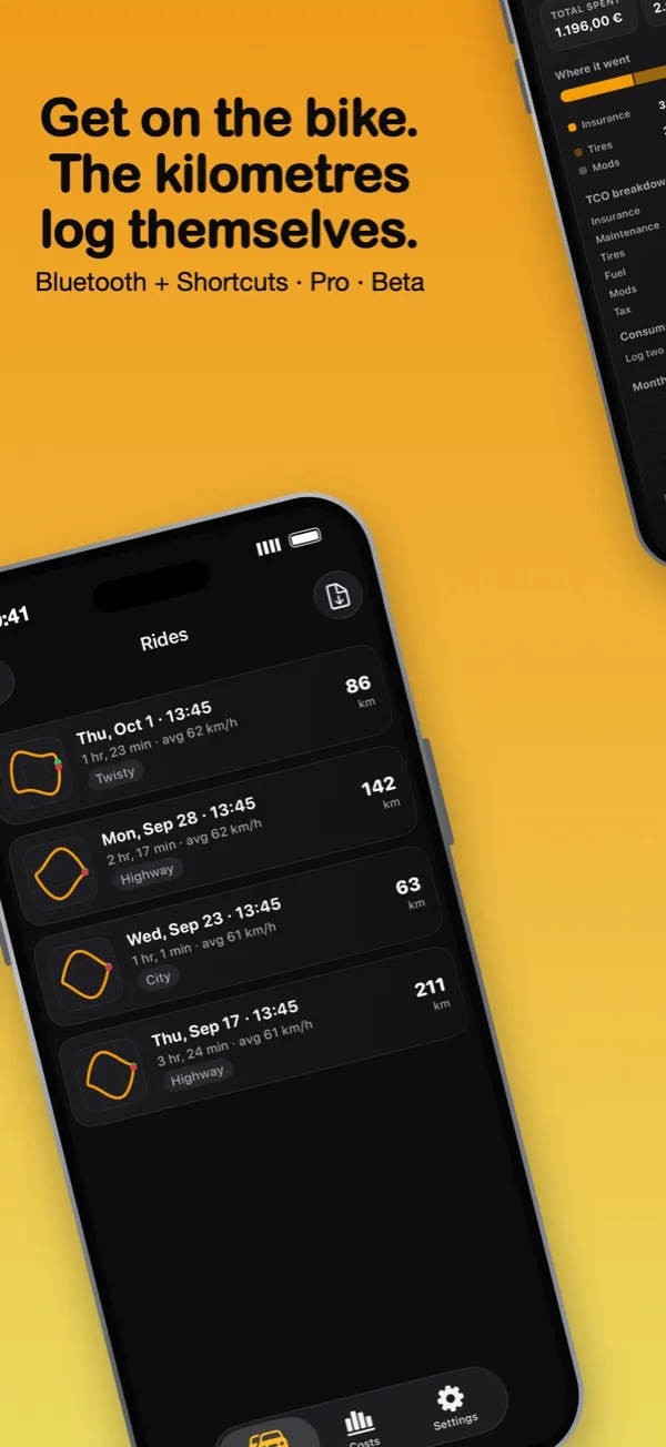 Automatically logged rides with distance and average speed