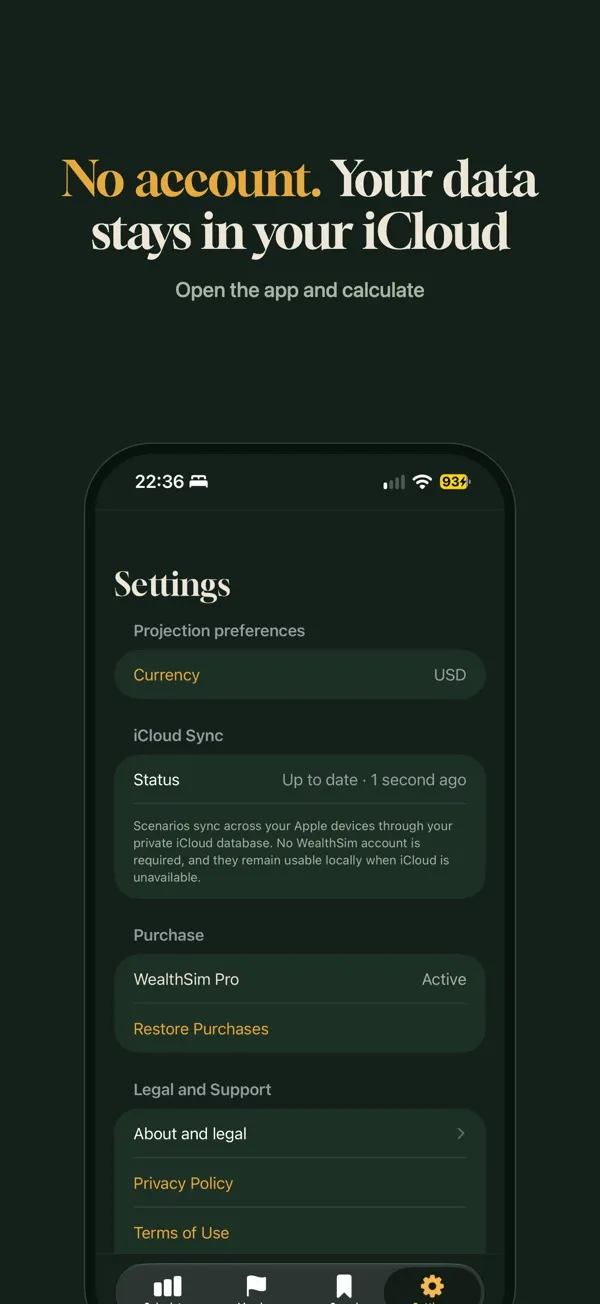Settings with iCloud sync, no account