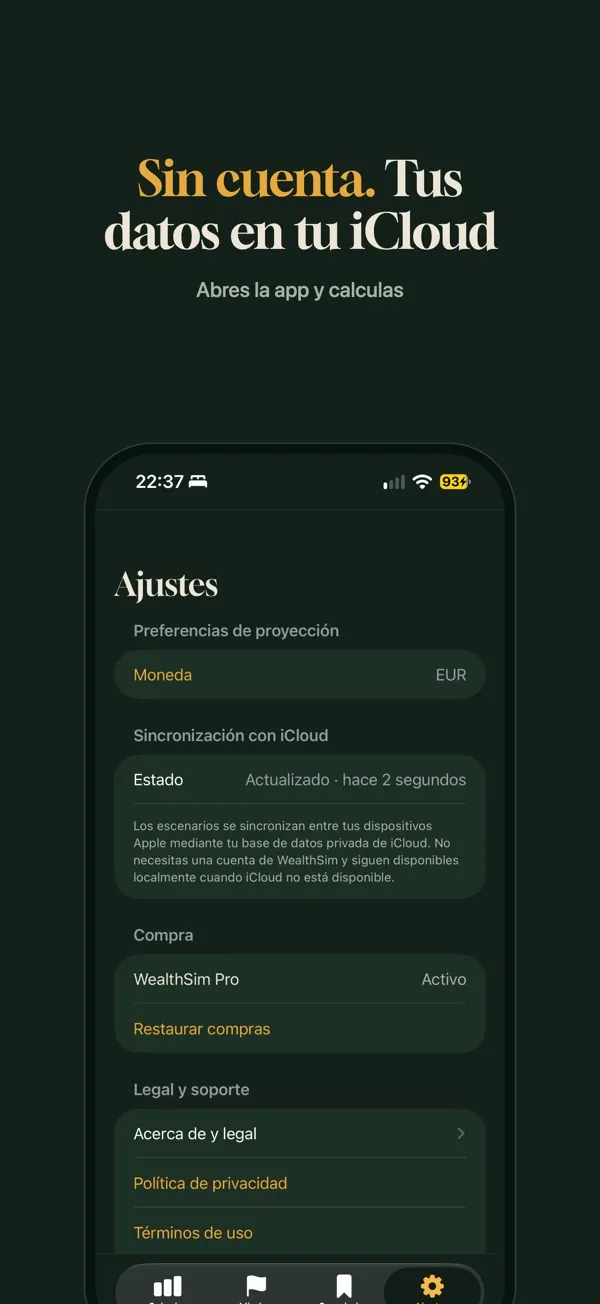 Ajustes con sincronización de iCloud, sin cuenta